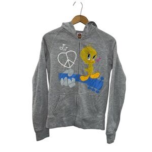 VTG 90s Tweety Bird Hoodie Girls M 7/9 Gray Zip Up Warner Bros LovePeace Looney